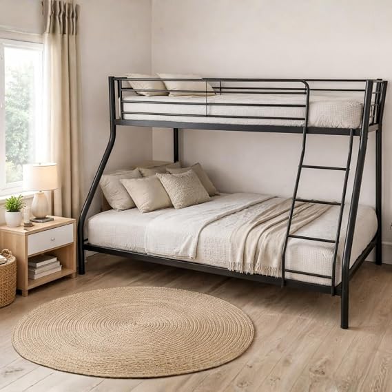 Reinforced Holt Triple Bunk Bed in Black – Heavy Duty Metal Frame, Universal Ladder, Safety Rails, Strong Adult & Children Sleeper (Holt Triple Bunk Bed with Trundle)