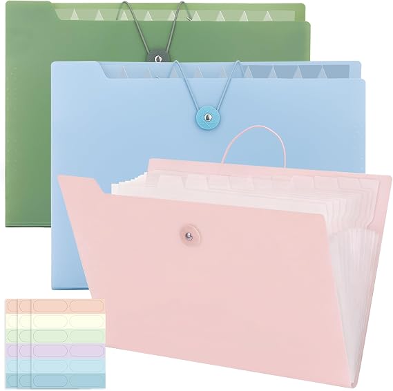 Expanding File A4 with 12 Compartments 3 Colours Expandable Organiser A4 Document Folder with Colour Labels Portable Folders Folder System Document Organiser for Office Home and School
