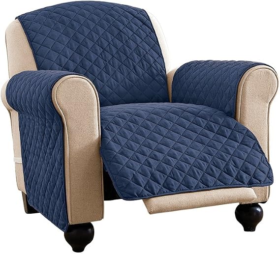Collections Etc Reversible Spill Resistant Quilted Furniture Protector Cover with Ties - Covers Seat Bottom, Seat Back and 2 Seat Arms, Navy/Blue, Recliner
