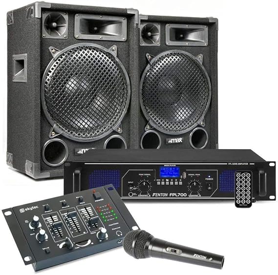 MAX12 DJ Complete Set PA System - 1400 W 2 x 12 Inch Speakers Including Amplifier Mixer & Microphone MP3 USB/SD Player AUX & Phono Inputs - Mobile Music System for Party Events & Karaoke System