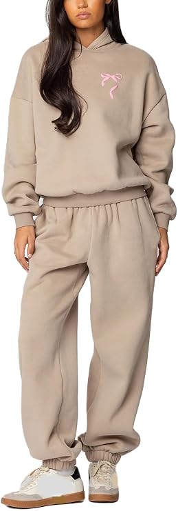 Pivanzore Polka Dot Sweat Set for Women Two Piece Bow Print Tracksuit Long Sleeve Hoodie Wide Leg Sweatpants 2 Piece Outfits