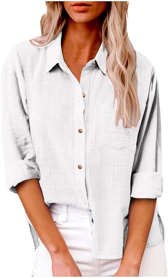 Womens Fall Coat Cotton Linen Button Down Shirt Roll Up Long Sleeve Collared Tops Business Casual Blouse with Pocket 2025