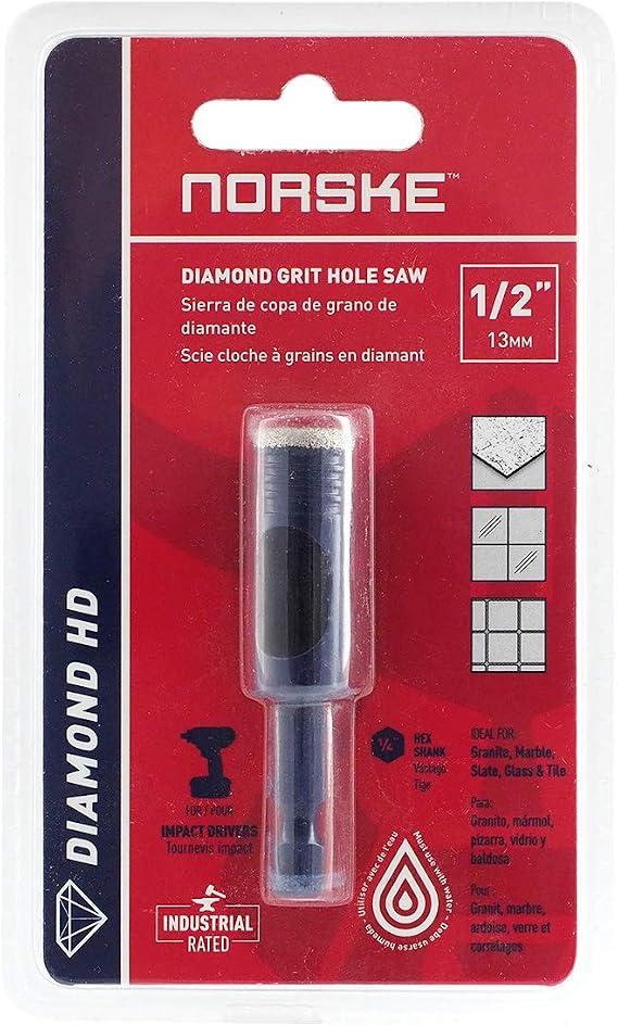 Norske Tools NDHSI113 1/2 inch (12mm) Industrial Quality Vacuum Brazed Diamond Drill Bit Hole Saw for Tile, Stone, Glass, Brick, Block and Cement Backer Board, Silver