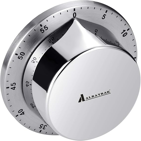 Albayrak Kitchen Timer, Chef Cooking Timer Clock with Loud Alarm, No Batteries Required, 100% Mechanical - Magnetic Backing, Exquisite Stainless Steel Body - Countdown Reminder - Silver 1Pack