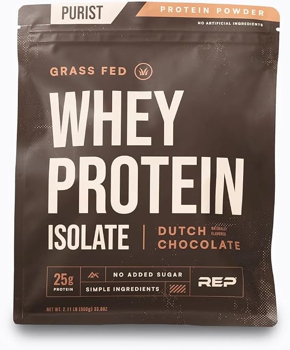 REP Purist Whey Protein Powder. 2 lb. Bag, 25g Protein per Scoop. Available in 2 Delicious Flavors. Simple Ingredients, no Added Sugar, Grass-fed Protein. (2 lb Bag, Dutch Chocolate)