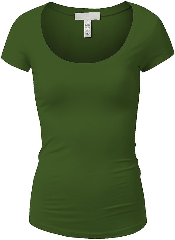 Active Basic Womens Plain Basic Deep Scoop Neck with Cap Short Sleeves - Olive - XX-Large