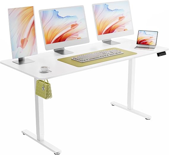 ERGOMAKER Electric Standing Desk 160x70cm, 2 Memory Heights, White | Height Adjustable Desk, 73-118cm, Sit Stand Desk, 2 Hooks, Smart Panel, Spliced Tabletop, for Home Office