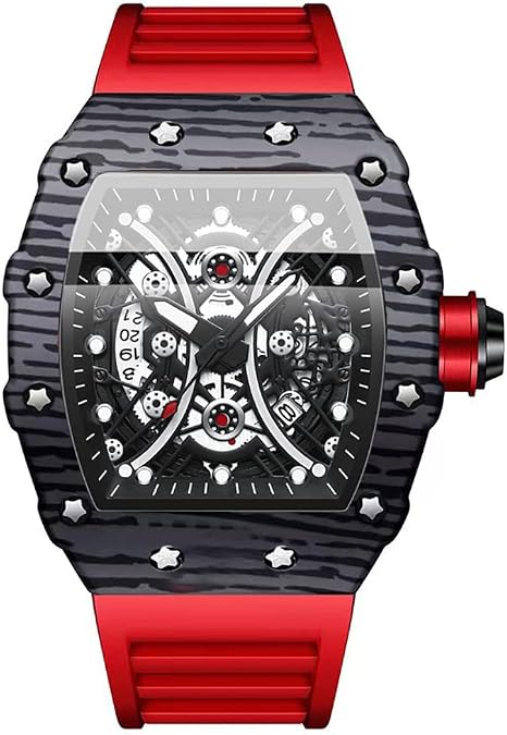 Tiong Mens Barrel-Shaped Quartz Skeleton Watch-Silicone Strap, Luminous & Waterproof, Sport Luxury Style
