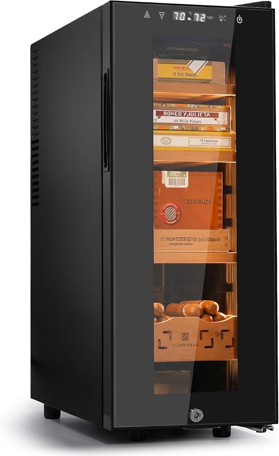 35L Electric Cigar Humidor Cabinet with Thermoelectric Cooling, Adjustable Temperature & Humidity, Led Light, Spanish Cedar Shelves & Drawer, Ideal Gift for Aficionados - 250 Counts | Thermoelectric Cooling, Adjustable Temp and Humidity, LED Light, Cedar Shelves, For Cigar Storage, 250 Count