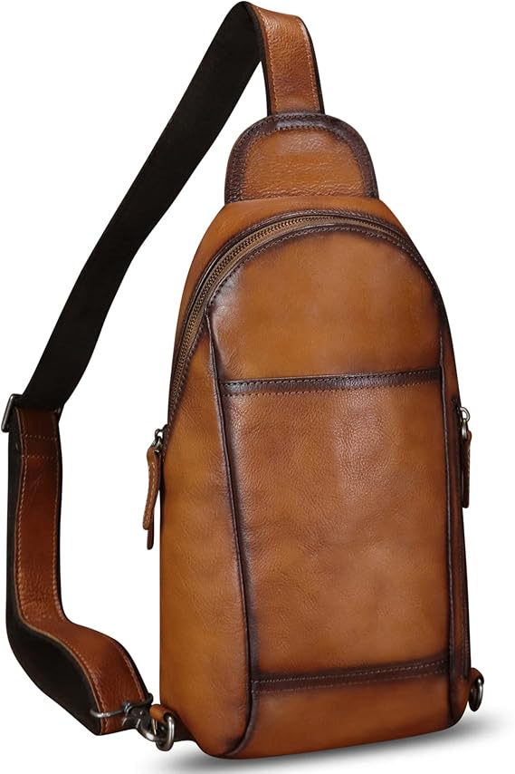 Genuine Leather Sling Bag Handmade Retro Crossbody Sling Backpack Purse Chest Shoulder Hiking Daypack Fanny Pack (Brown)