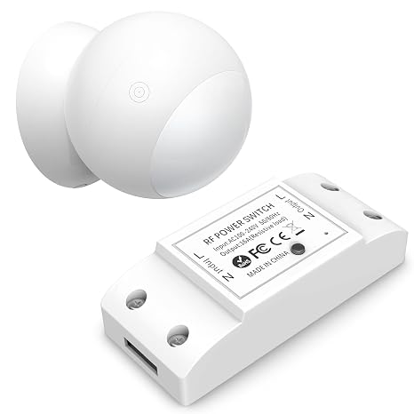 Wireless Motion Sensor Switch Kit with Split Sensor & Switch, PIR Motion Activated Power Switch with Timer, Indoor Motion Detector for Lights & Exhaust Fan (110V-120V) of Bathroom, Garage