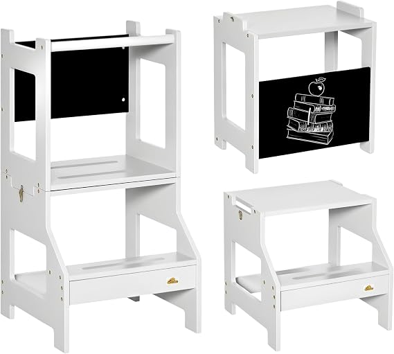 Qaba Kids Kitchen Step Stool 2 in 1 Kitchen Table Set Safety Rail Gray