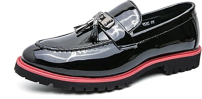 Mens Patent Leather Chain Decor Loafers Lug Sole Non-Slip Platform Tassel Dress Shoes Comfort Pointed Toe Slip-on Block Heel Oxfords for Business Driving Office Walking
