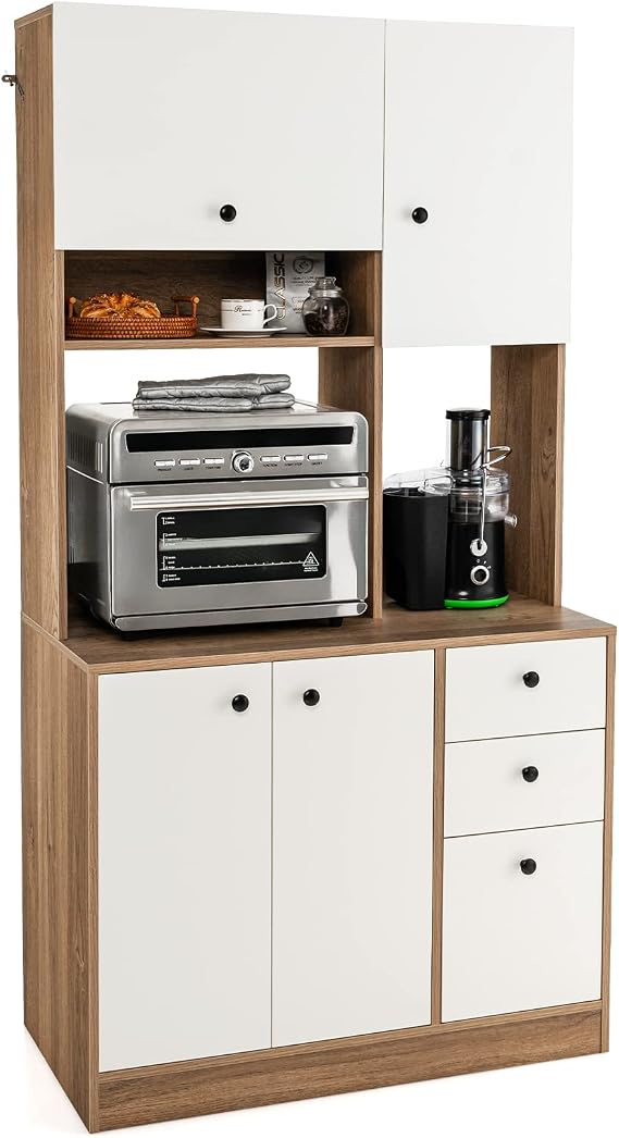 71 Tall Kitchen Pantry Storage Cabinet, Freestanding Buffet Hutch with Doors, Adjustable Shelves, 3 Drawers and Microwave Stand, Kitchen Hutch for Dining Room, Living Room (White & Natural)