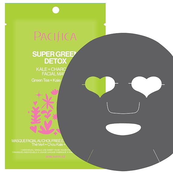 Pacifica Super Green Detox Sheet Mask Charcoal, Kale & Clay Pore Cleansing Mask for Oily, Blemish-Prone Skin, Deep Detox Facial Mask, Vegan