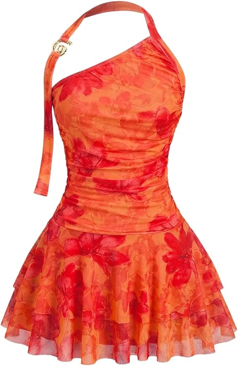 Milumia Women's Mesh Halter Mini Dress Ruffle Layered Short Dresses