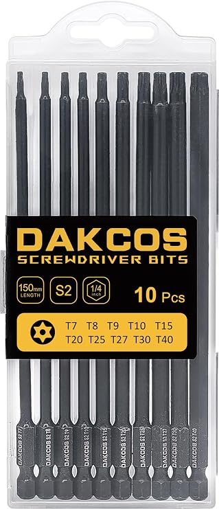 DAKCOS 150mm T7 - T40 Long Torx Bit Set, 10-Piece Tamper Proof Security Star Bits, Premium S2 Alloy Steel