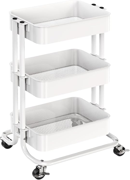 Pipishell 3 Tier Metal Rolling Utility Cart with 2 Lockable Wheels, White | 360 Rotating Wheel, Heavy-Duty Steel, Sturdy Dual Columns, Ventilated Mesh, Hold 22 lbs per Shelf, for Kitchen & Living Room
