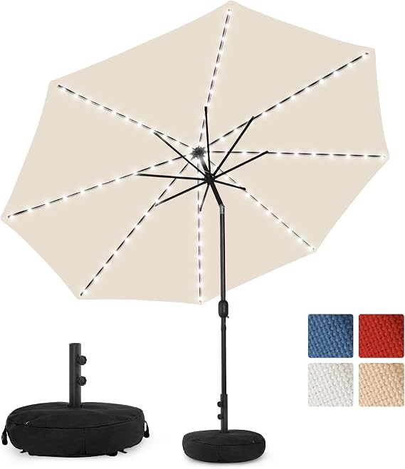 Sundale Outdoor OLEFIN Solar Patio Umbrella with Sand Bag Umbrella Base, Outdoor Umbrella LED with Tilt and Crank