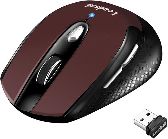 LeadsaiL Wireless Mouse for Laptop, Silent Cordless USB Mouse, 6 Buttons, Battery Included, 1600DPI with 3 Adjustable Levels (Dark Red)