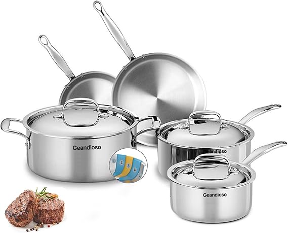 Stainless Steel Cookware Set, 5-ply cookware,8-Piece Pots and Pans Set, 316L Professional Grade, Oven and Broiler Safe to 650F, Dishwasher Safe, Durable, Induction Compatible, Silver