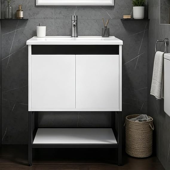 wonline 24 Bathroom Vanity with Ceramic Sink, Bathroom MDF Cabinet with White Wash Basin and Modern Design Chrome Faucet for Small Space
