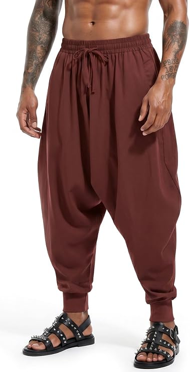 perdontoo Mens Harem Pants Loose Fit Elastic Waist Drawstring Aladdin Hippie Trousers