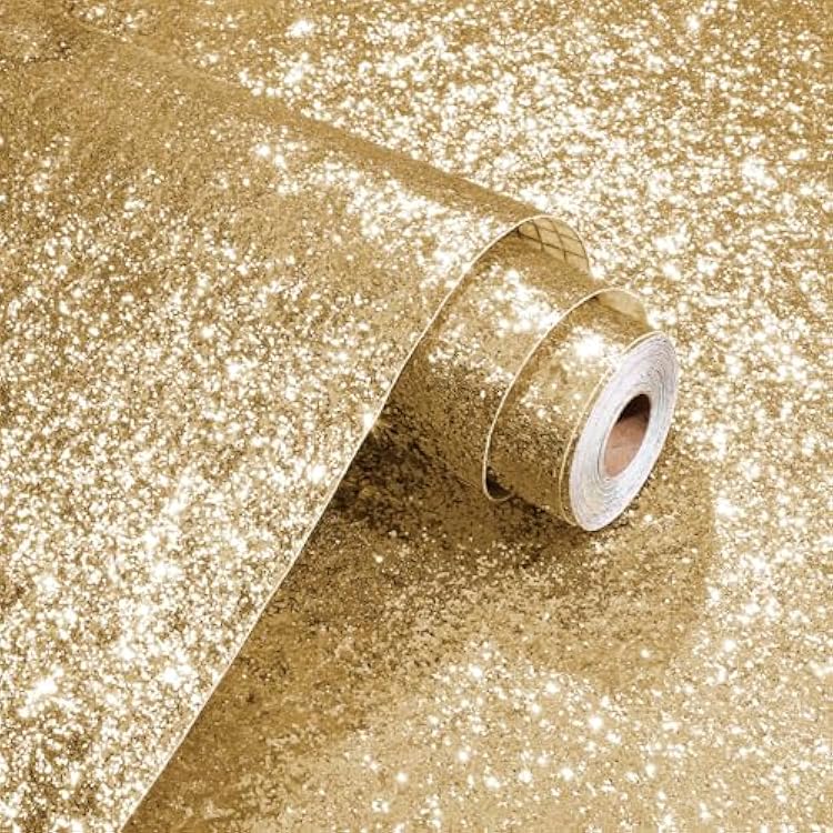 Gold Glitter Wallpaper Self Adhesive Sparkle Gold Contact Paper Glitter Textured Peel and Stick Wallpaper Champagne Decorative Contact Paper for Cabinets DIY Bedroom Walls 17.71 x 315