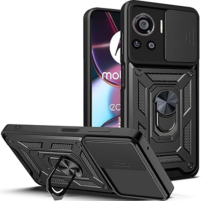Ysnzaq for Motorola Edge 30 Ultra Case with Sliding Camera Lens Protector, Heavy Duty Military Grade Shockproof Protective Case with Magnetic Ring Stand for Motorola Edge 30 Ultra 6.67 SJ Black