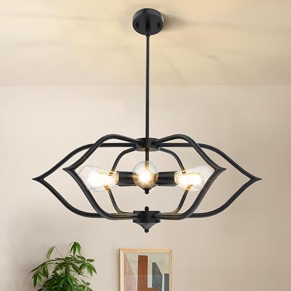 Black Chandelier, 6-Light Farmhouse Chandelier, Dining Light Fixtures E26 Farmhouse Chandelier Hanging Flower Shape Pendant Lights for Bedroom Living Room Foyer Hall Kitchen and Entryway ETL Listed