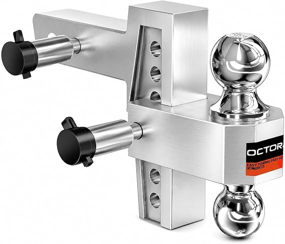 Adjustable Trailer Hitch, Fits 2-Inch Receiver, 6 Inch Drop/Rise | Heavy Duty Aluminum Towing Hitch, Double Anti-Theft Locking Hitch Pins, 12500 LBS GTW, Silver