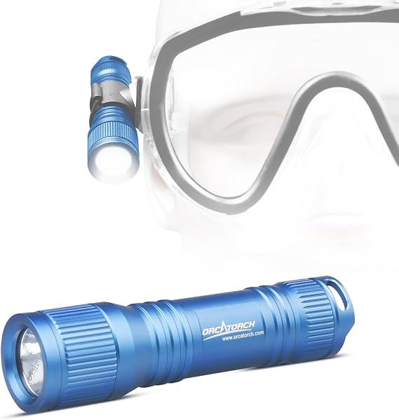 ORCATORCH D560 Mini Scuba Dive Light with 360 Rotatable Mask Clip, Blue