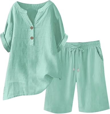 Linen Sets for Women 2 Piece Short Sleeve Shirts & Wide Leg Shorts Loose Fit Casual Cotton Linen Coord Sets Outfits