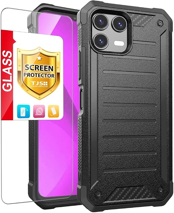TJS for T-Mobile Revvl 8 Pro Phone Case, with Screen Protector (Black) | TMRV08P5G Premium Tough Lined Design Hybrid Shockproof Heavy Duty Phone Case Cover with Tempered Glass Screen Protector