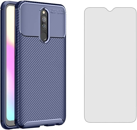 Phone Case for Xiaomi Redmi 8A Redme 8 with Tempered Glass Screen Protector Cover and Cell Accessories Slim Thin Rugged Soft TPU Silicone Carbon Fiber Xiami Xiomis Xiome Redmi8A A8 Redmi8 Cases Blue