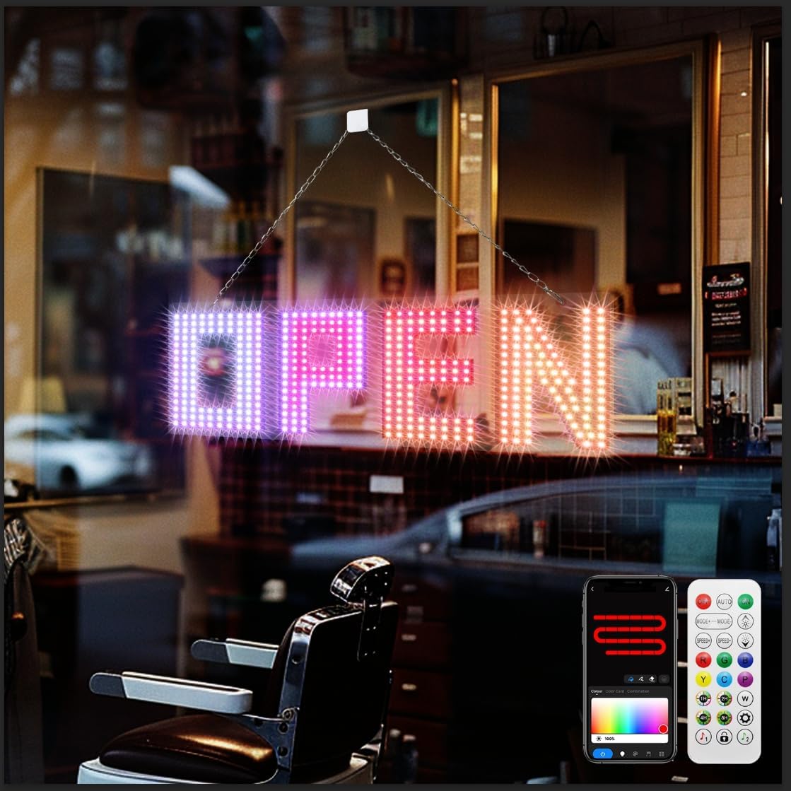 15x 5 LED Open Sign Multicolor LemonNova LED Open Signs for Business, 15x 5 Small Open Light Up Signs with Remote Controls, Smart App, DIY Editor Colours Sign Flashing Light for Window