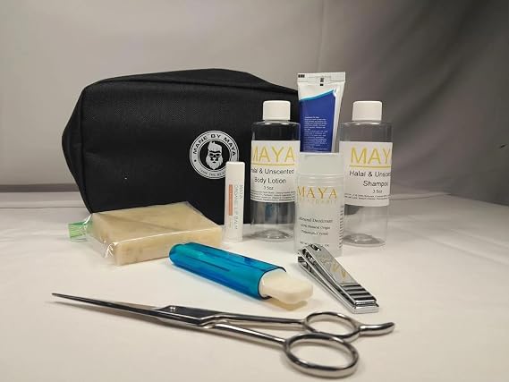 Hajj and Umrah Personal Care Set - 9 Pieces Unscented Ihram Compliant Travel Kit with Nail Clipper, Hair Trimming Scissors, Halal Shampoo, Body Wash, Lotion, Deodorant, Toothpaste, Lip Balm, Soap