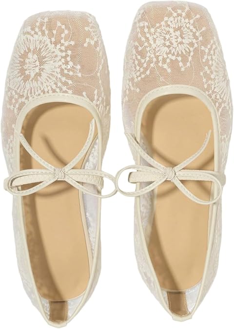 GORGLITTER Women's Lace Mesh Ballet Flats Ballerina Maryjanes Dress Shoes