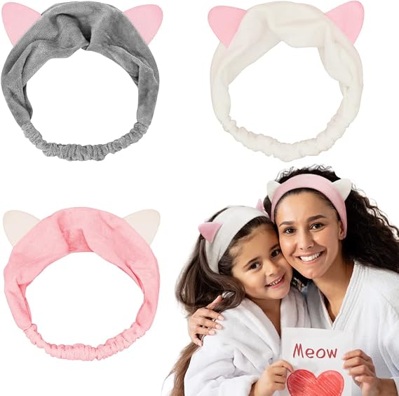 Dreamlover Soft Velvet Cat Ears Headband, Comfortable & Breathable Skincare headbands for Makeup, SPA, Sports, Gift for Birthday, 3 Pieces
