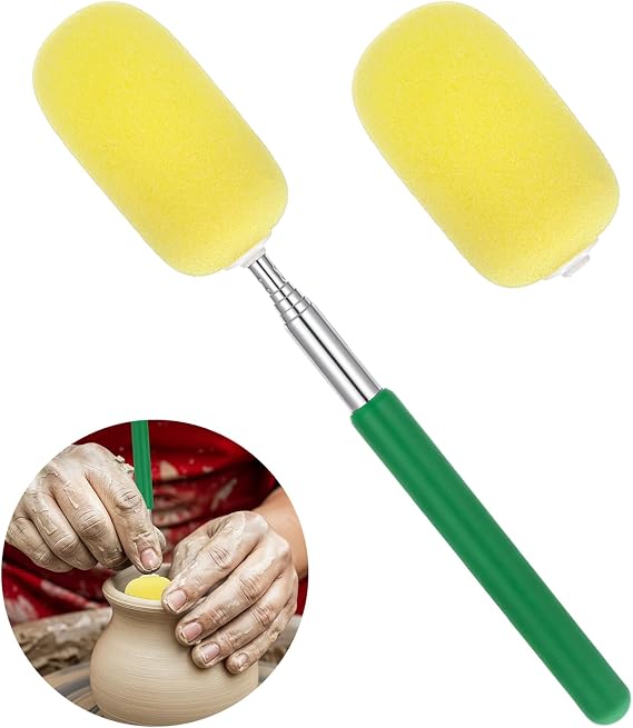 Telescoping Sponge Stick for Pottery, Pottery Sponges Potteries Tools Sponge on a Stick, Remove Excess Water from Tall or Narrow Ceramic, with 2 Detachable Sponges Heads (10"-38" Long)