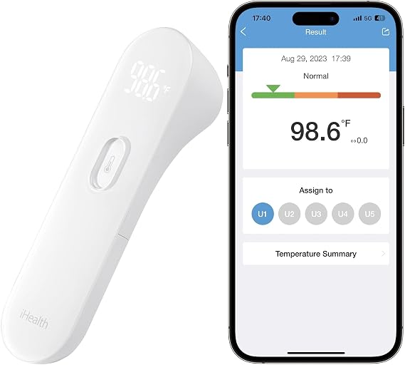 iHealth Smart Bluetooth Thermometer for Adults and Kids - Wireless No-Touch Digital Thermometer for Forehead - 3 Ultra-Sensitive Sensors, Large LED Digits, Vibration Mode - for Home Use, PT3SBT