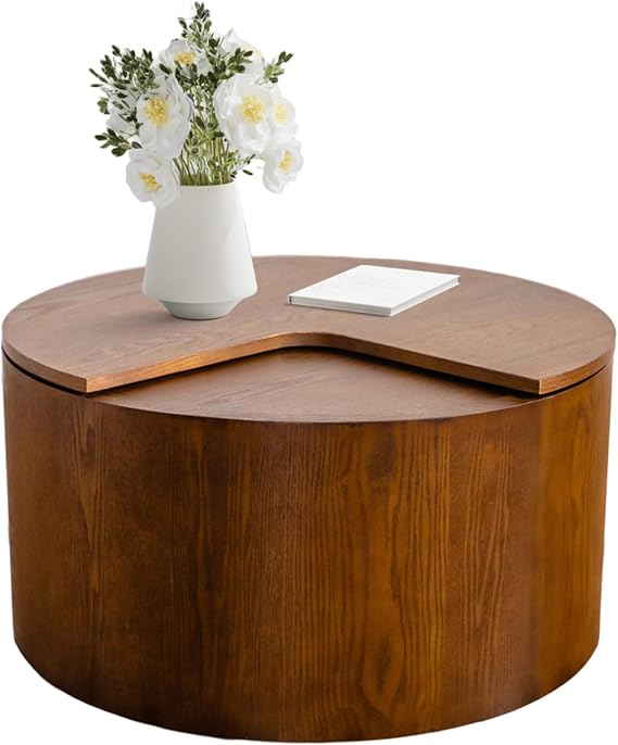 Small Round Coffee Table with Storage 27.16" Wooden Drum Coffee Table with 360 Rotating Tabletop Mid Century Modern Center Table for Living Room Small Space Apartment Office (Walnut)