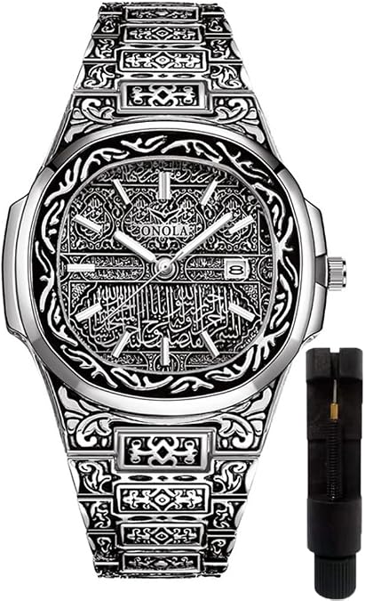 Retro Watches for Men Quartz Watches Tattoo Pattern Carved Stainless Steel Bracelet Waterproof Wrist Watch