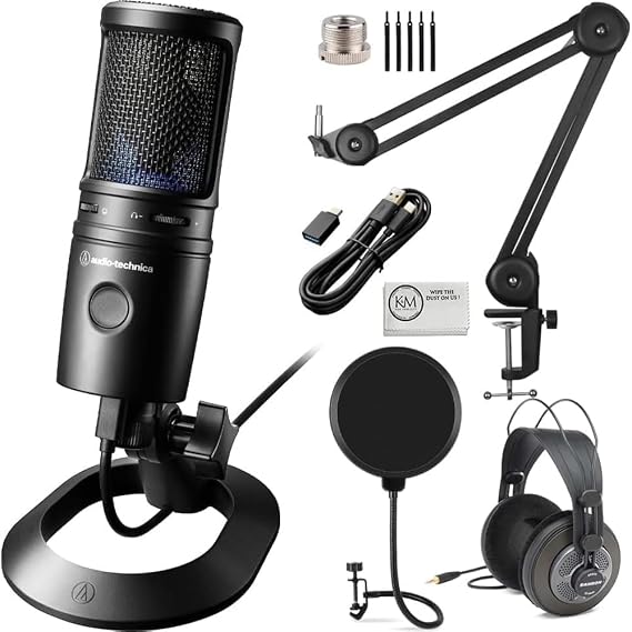 Audio-Technica AT2020USB-X Cardioid Condenser USB Microphone Bundled with Microphone Arm + Headphones + Wind Screen Pop Filter + Cleaning Cloth (5 Items)