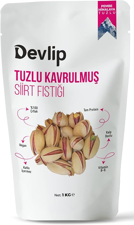 Devlip Pembe Himalaya Tuzlu Kavrulmuş Siirt Fıstığı, 1 KG, Kilitli (Aç-Kapa) Ambalaj, Vegan,%100 Çıtlak