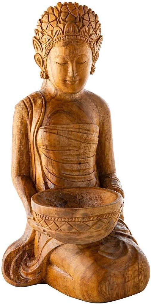 ViavTerra Artisan Carved Wood Lakshmi Statue, 9.5" L x 8.5" W x 16.75" H, Meditation Room Decor, Unique Wood Lakshmi Goddess Statue