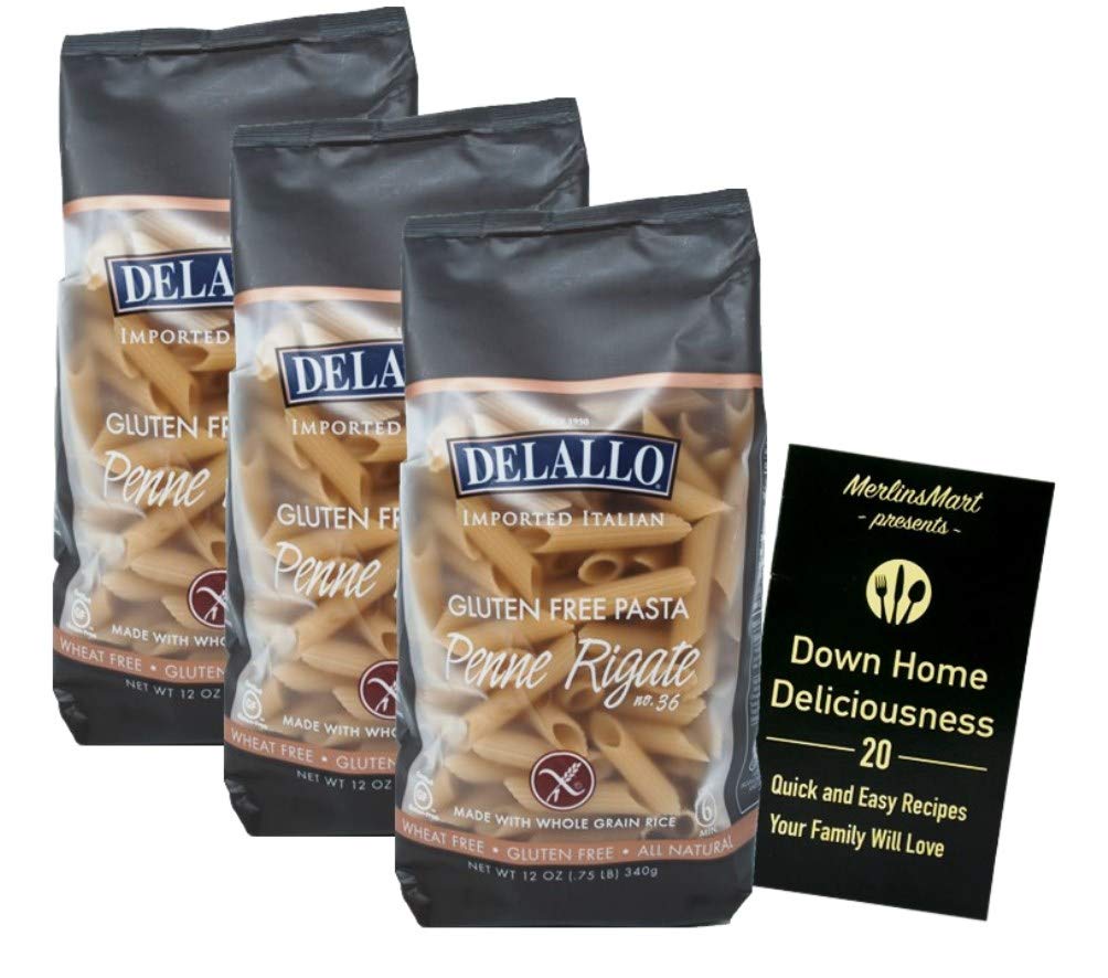 DeLallo Gluten Free Pasta | Made with Whole Grain Rice | Penne Rigate No. 36 12 Ounces | 3 Count Plus Recipe Booklet Bundle