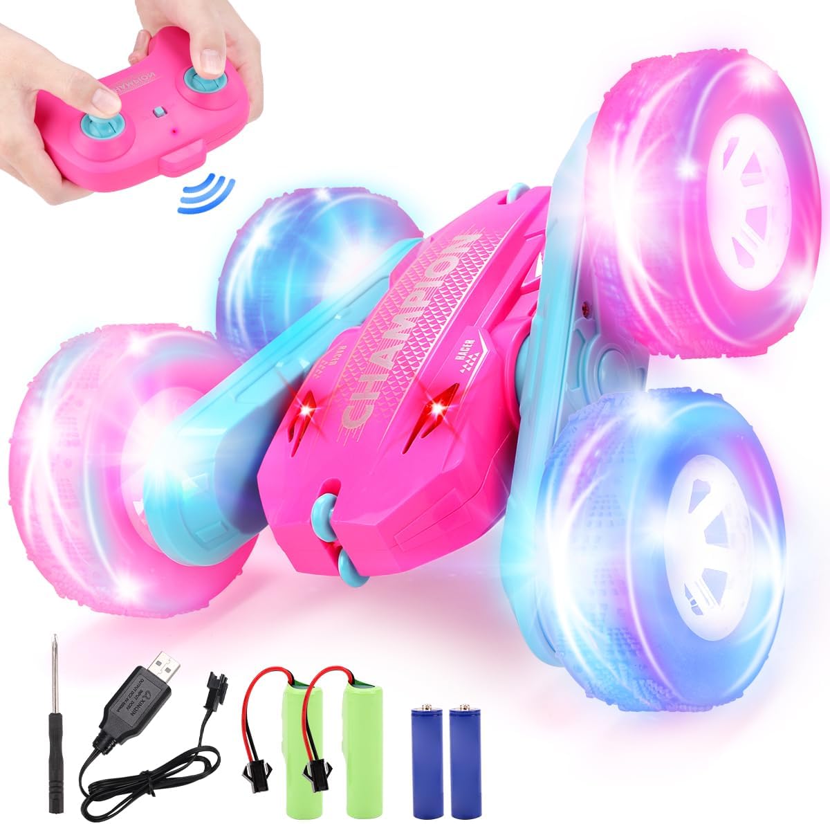 REMOKING RC CAR for Children, RC Car, Remote Control Car, Indoor, 360 Degree Rotation, Double-Sided Driving, Four Wheel Drive, Off-Road, Car Toy, LED Headlight, Lights Up Wheels,  2 Batteries, 2.4 GHz