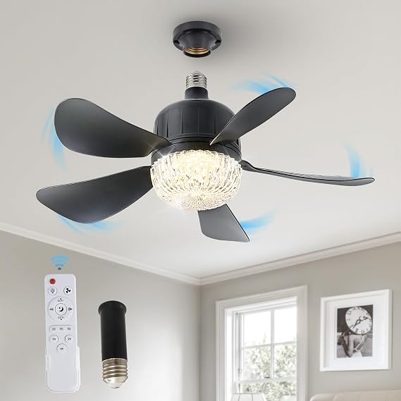 Socket Fan Light with Remote, Dimmable LED Ceiling Fans with Lights, 15" Screw in Socekt Fans and Socket Extender, 3 Colors 3000K-6500K, Replacement Light Bulb Fan for Kitchen Garage Bedroom, Black