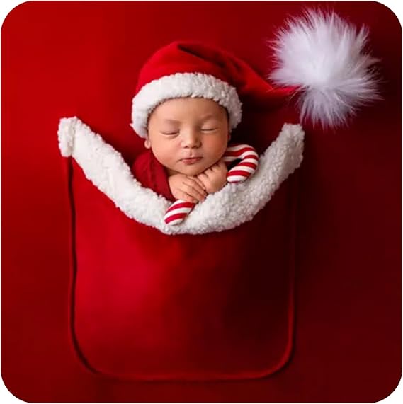 Newborn Photography Props Christmas Backdrop with Pocket & Santa Claus Hat | Red Fabric Posing Blanket Set for Baby Boys Girls Photography, Infant Photo Shoot Costume Prop for Newborn Sessions